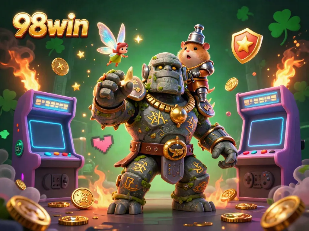 Experience the magical adventure with 98win's vibrant golem, fairy, and hamster knight at a dynamic gaming scene.
