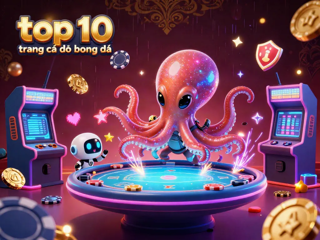 Khám phá top 10 trang cá độ bóng đá uy tín với hình ảnh một con bạch tuộc ngoài trái đất đang chơi poker holographic.
