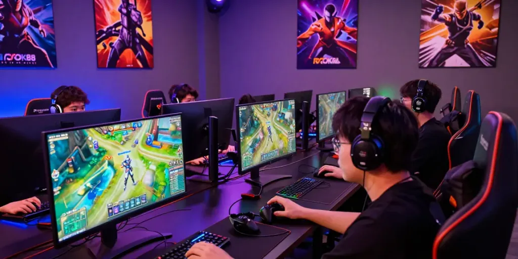 Engaged gamers exploring rokok88 link alternatif in a vibrant online gaming setup, immersed in a colorful competitive atmosphere.