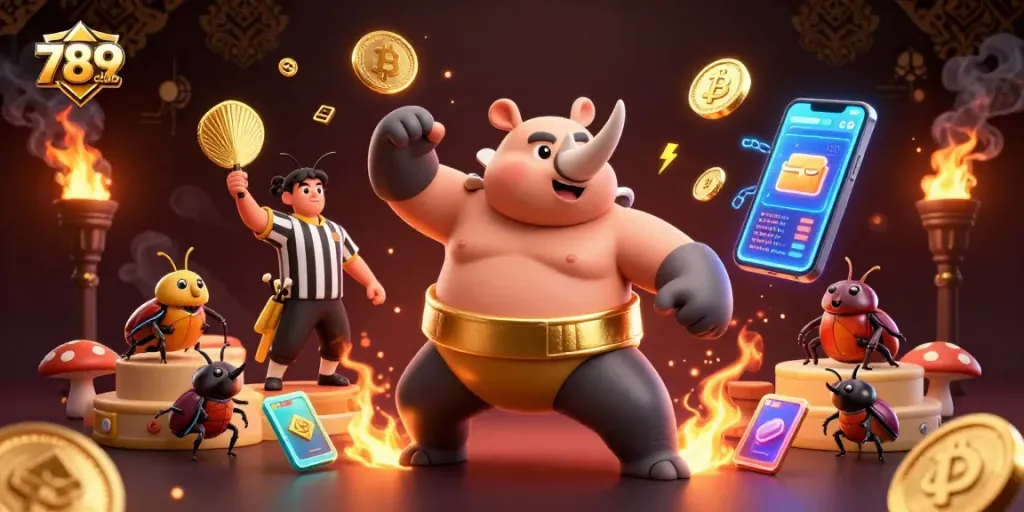 Watch the 789club sumo champion beetle make a winning stomp in a vibrant casino scene.