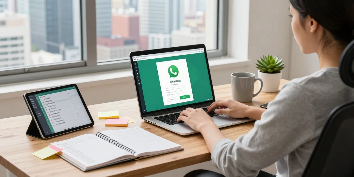 User accessing WhatsApp電腦版 in a modern home office, showcasing productivity elements and a vibrant workspace.