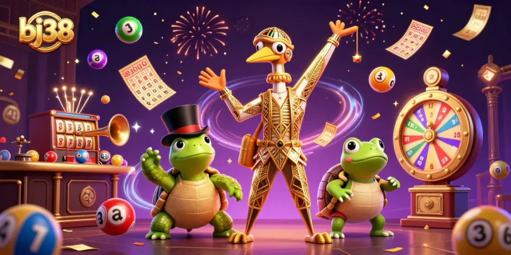Engage players in the vibrant world of bj38 with a celebratory 3D casino scene filled with lottery excitement.