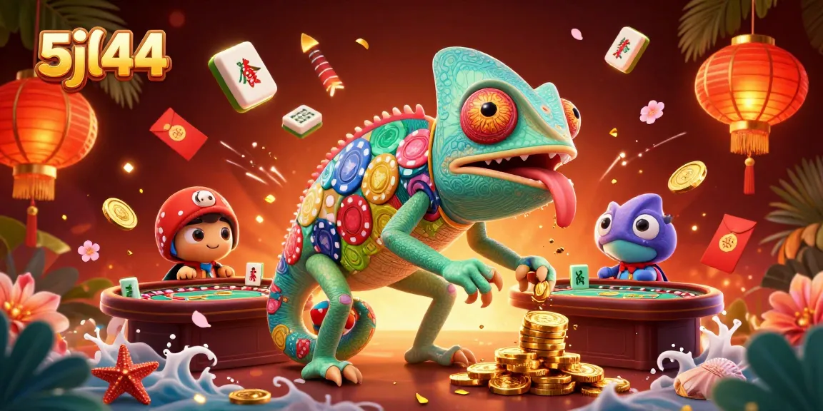Experience vibrant 5jl44 casino thrills with an animated chameleon gathering winning elements.