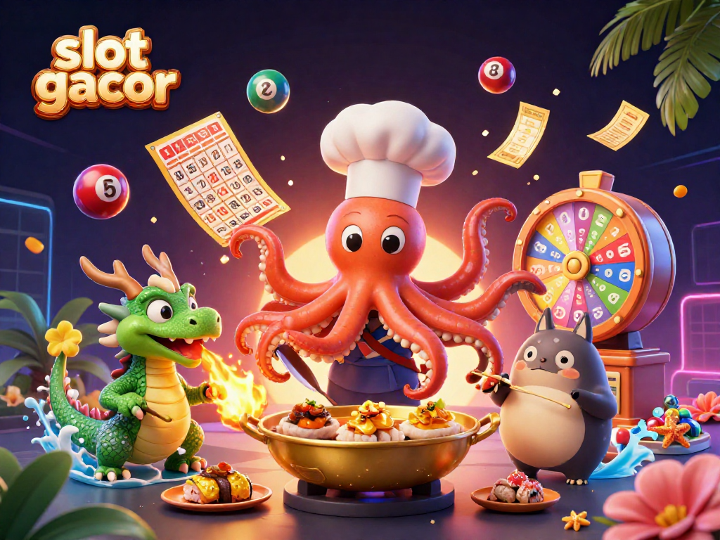 Engage in slot gacor action with dynamic characters and vibrant elements in a playful, colorful casino scene.