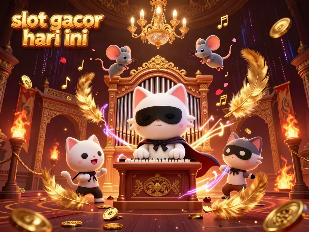 Play thrilling slot gacor hari ini with a whimsical 3D illustration of a masked cat at an organ amidst a vibrant casino atmosphere.
