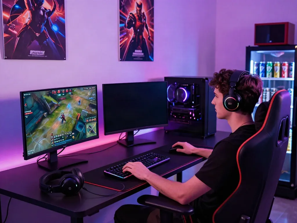 Gamer in a vibrant room showcasing qqmacan alternatif with multiple monitors and gaming equipment.