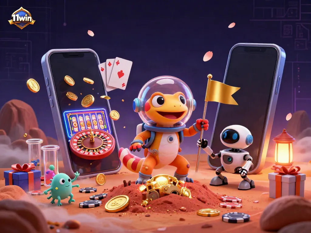 Martian gecko discovers golden casino gems with 11win in vibrant 3D art.