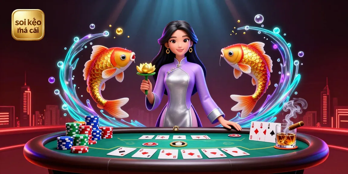 Spectacular scene showcasing soi kèo nhà cái with an Asian woman holding a golden lotus and vibrant poker elements.