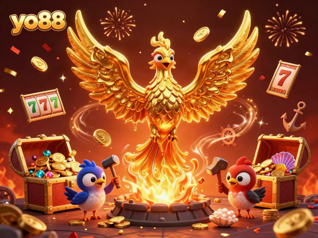 Experience winning with yo88 as molten gold transforms into casino treasures amidst vibrant celebration.