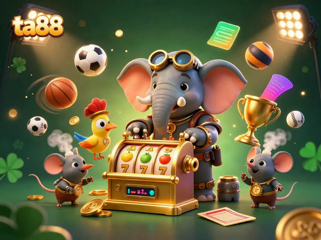 Experience the thrill of ta88 with a steampunk elephant and slot machine in a vibrant casino scene.