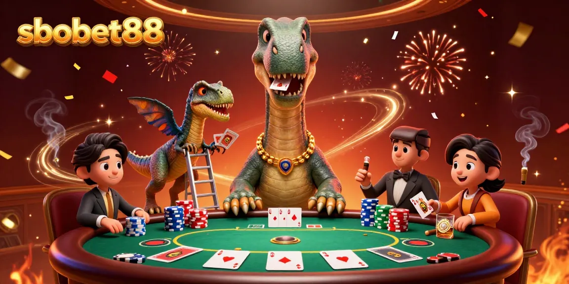 sbobet88 engages in dynamic poker action with a cartoon brontosaurus and clever raptor.