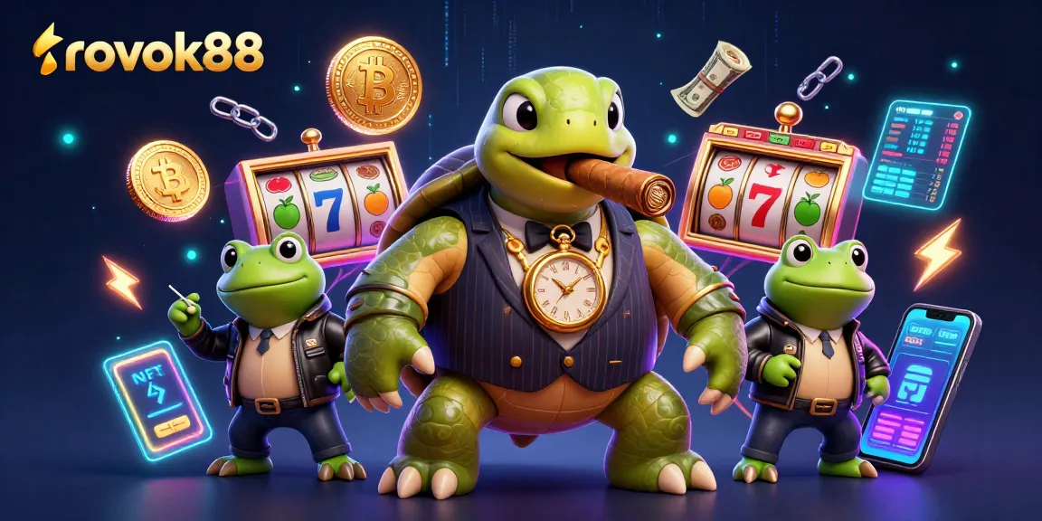 Experience the excitement of rokok88 with a 3D scene featuring a massive turtle mobster amidst vibrant casino elements.
