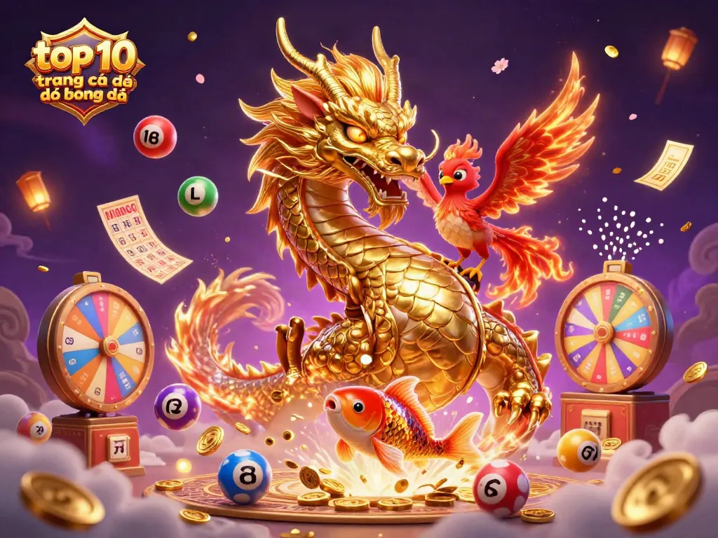 Tham gia top 10 trang cá độ bóng đá với hình ảnh rồng vàng, phượng hoàng đỏ, và cá koi trong không gian màu sắc sống động.