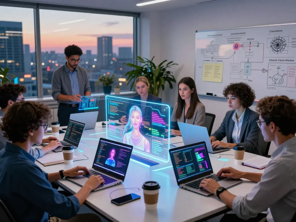 Innovative AI sex workspace with researchers collaborating and holographic displays showcasing advanced technology.