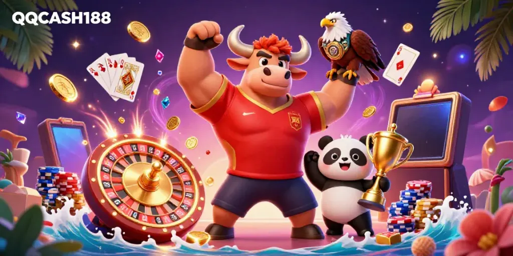 Experience QQCASH188 with a dynamic casino scene featuring vibrant characters and game elements.