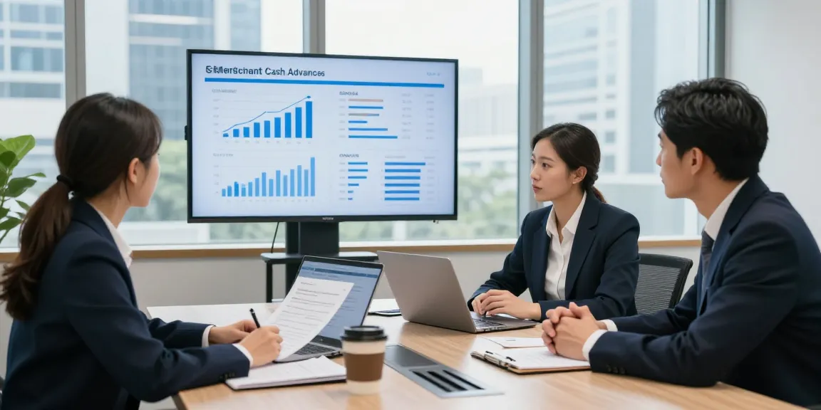 Is merchant cash advance legit? Business professionals in a meeting discussing financing options in a modern office setting.