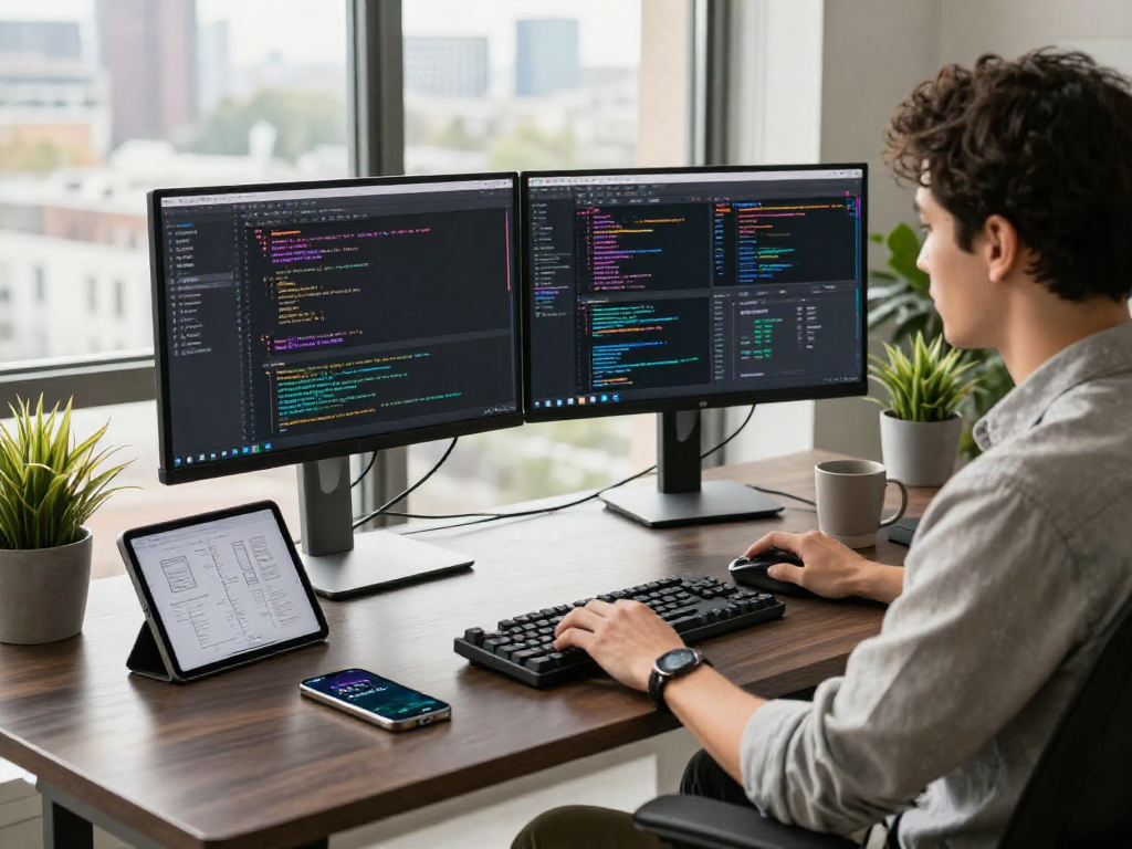 Engaging workspace at http://oxbet-app.com showcasing a software developer coding in a bright tech office.