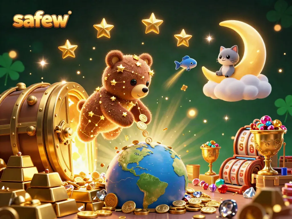 Experience thrilling gameplay with safew, where a constellation bear scoops coins in a vibrant casino world.