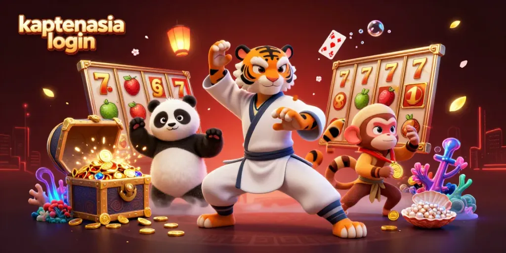 kaptenasia login menunjukkan ilustrasi kasino dengan panda dan harimau, simbol slot dan harta karun.