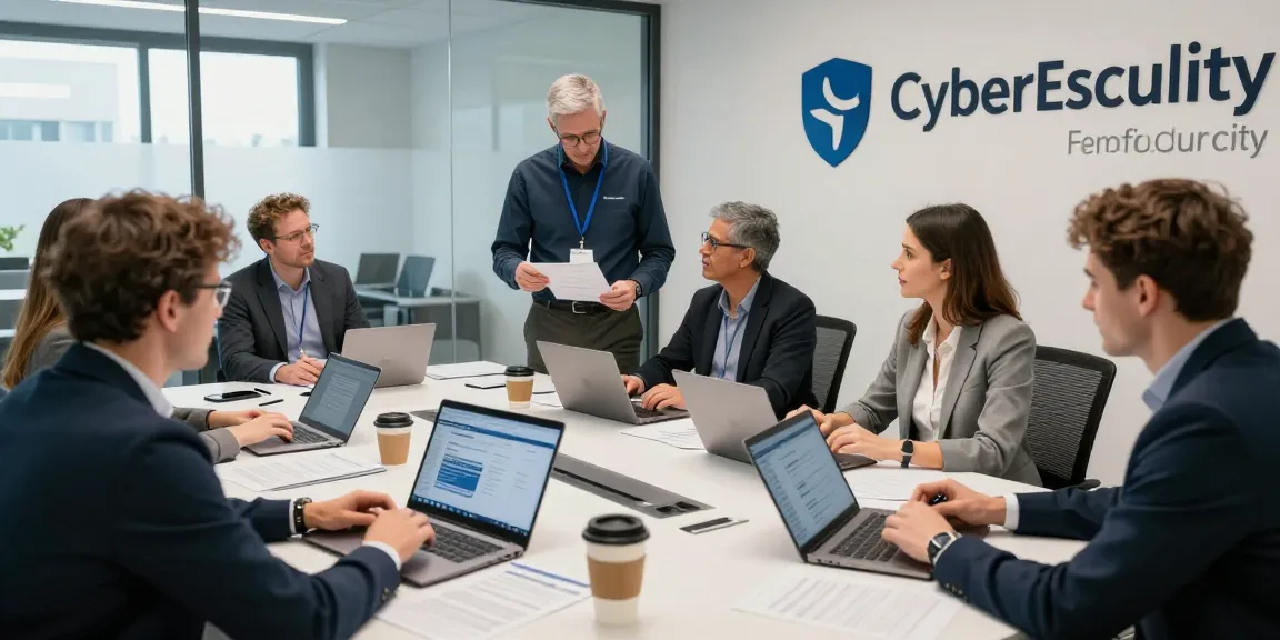 Cyber Essentials UK team discussing certification processes in a modern office setting.