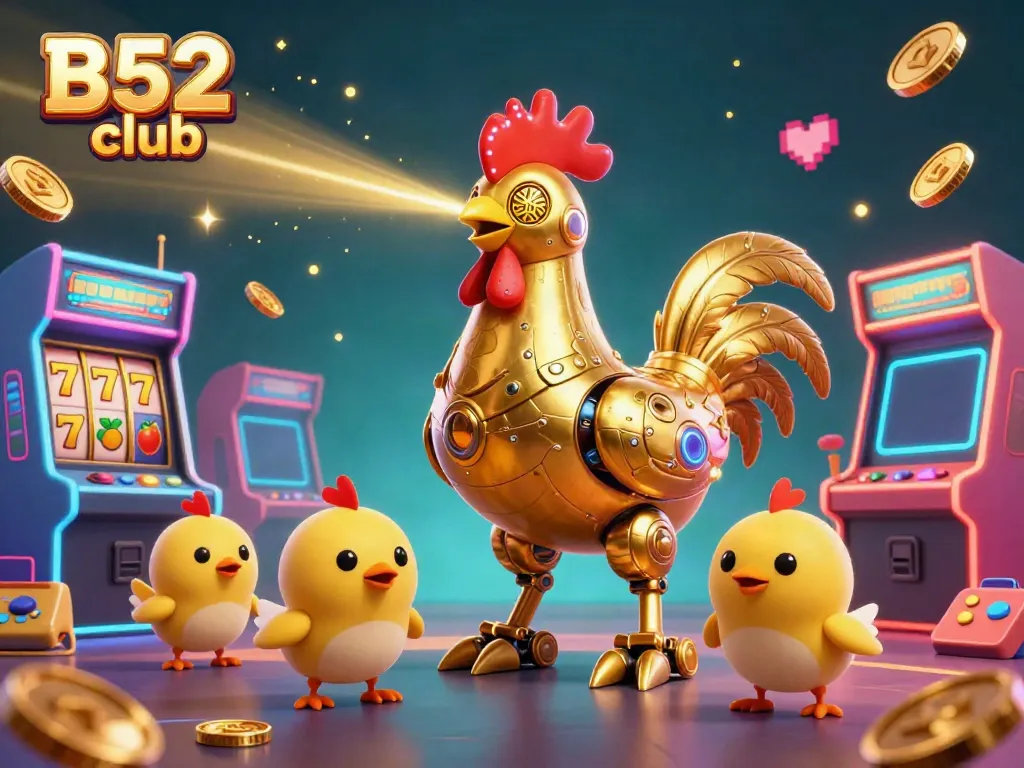 Engage with the vibrant gaming atmosphere of B52 club, highlighted by a futuristic golden rooster robot and dynamic casino elements.