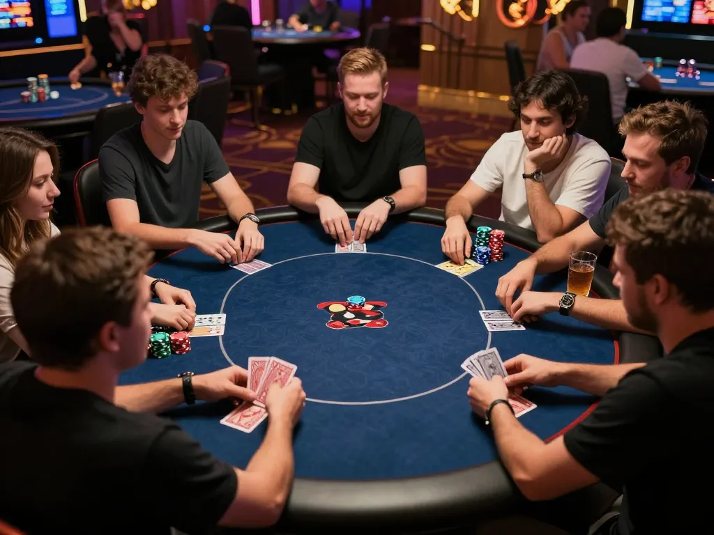 Players strategizing at a poker table at TG88 casino with vibrant atmosphere.