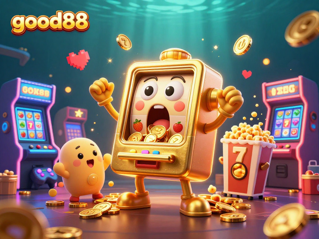 good88 slot machine surprises with coins as baby machines cheer and golden kernels fly.