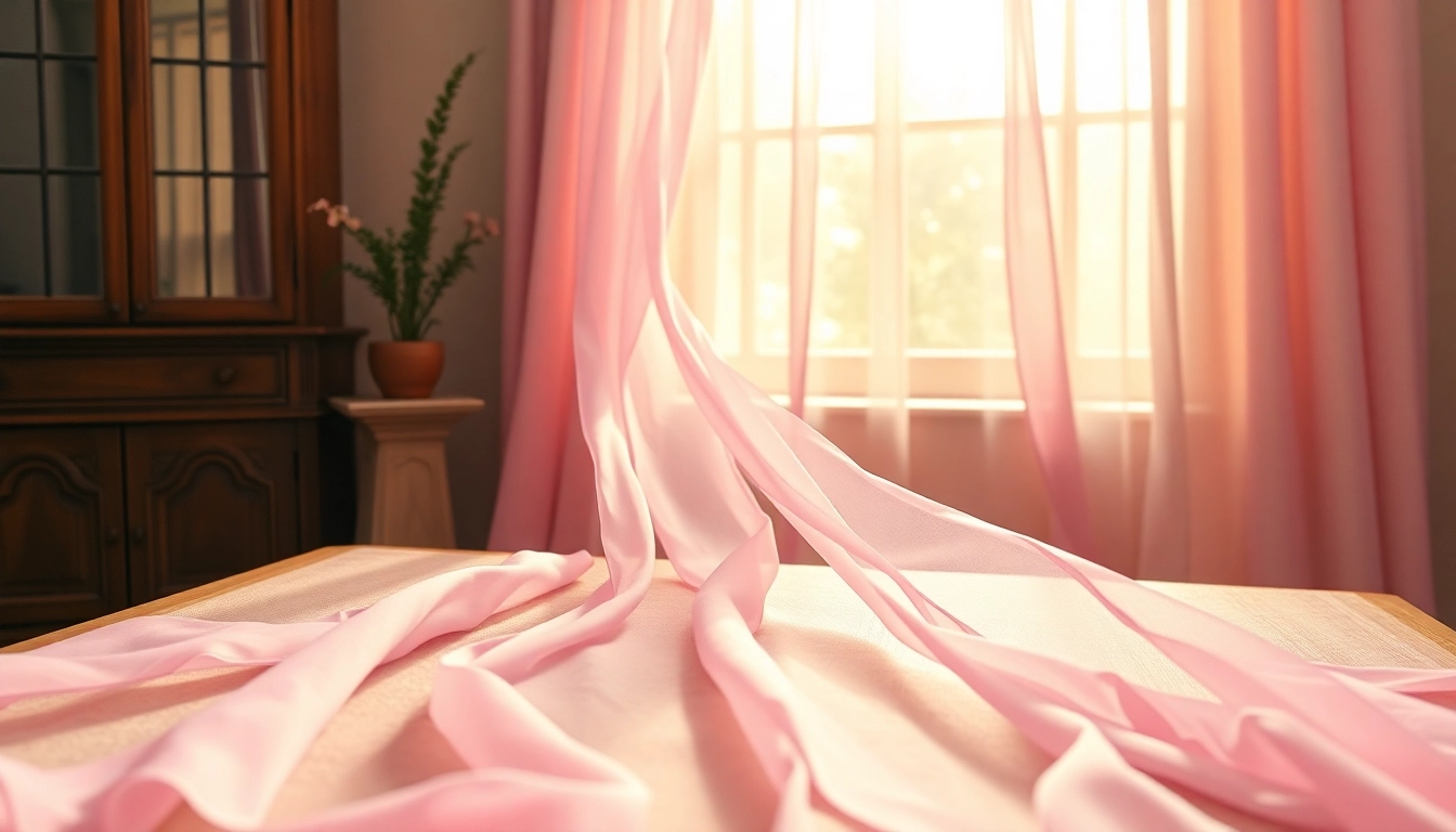 Chiffon stof prachtig gedrapeerd over een houten tafel in een zonnige kamer.