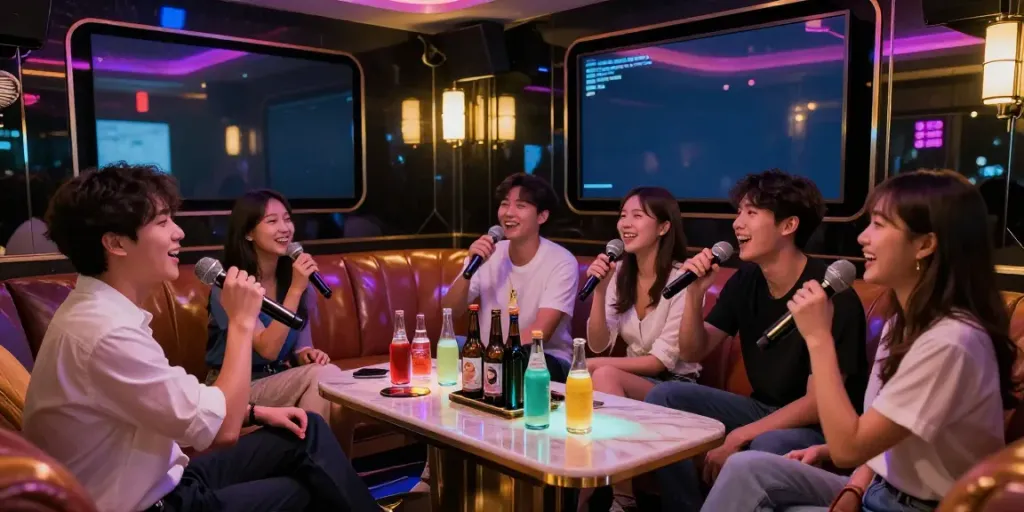 강남달토에서 즐거운 노래를 부르는 친구들, 화려한 조명으로 밝게 비춰질 때의 분위기