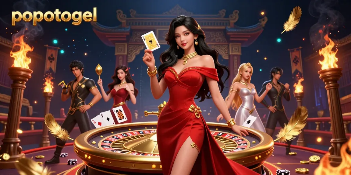 Spin to win at popotogel with glamorous casino-themed visuals, featuring a woman and roulette elements.