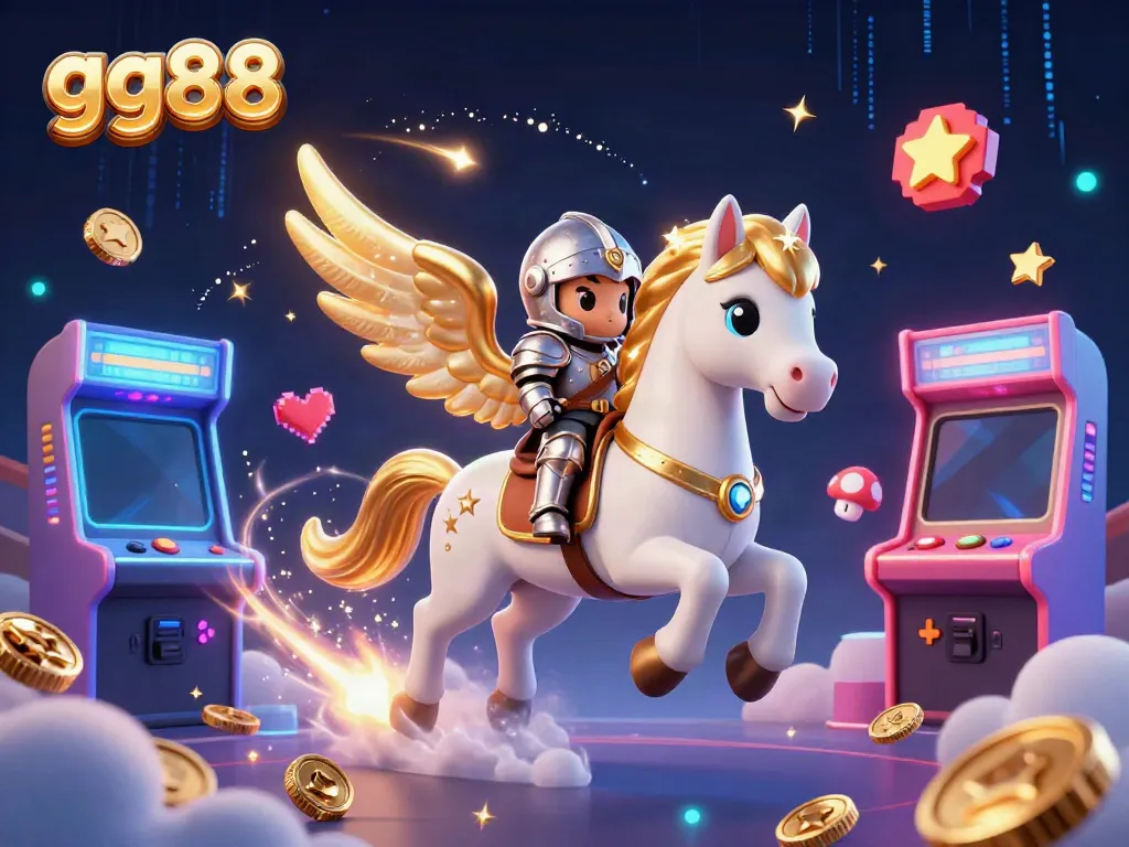 Watch the energetic gamble with gg88 as a celestial knight and horse navigate a vivid arcade landscape.