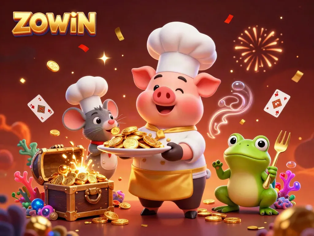 Experience the thrilling world of ZOWIN with vibrant characters and golden treasures in a dynamic 3D scene.