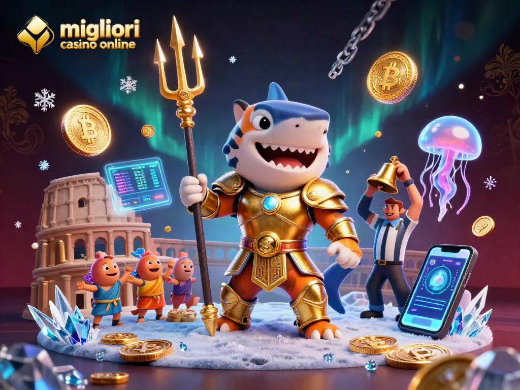 I migliori casino online offrono un'illustrazione di un pesce squalo in armatura gladiatoria con elementi di gioco 3D.