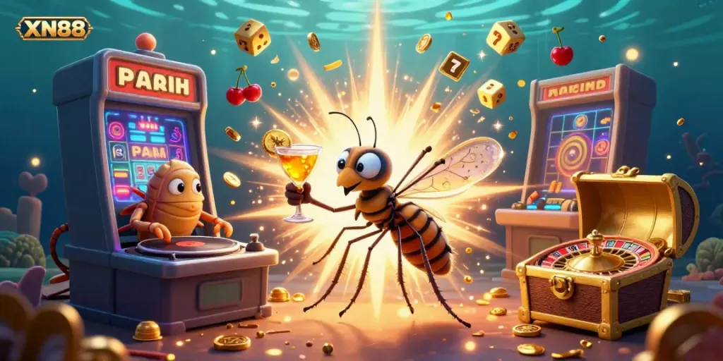 Experience excitement at XN88 with a vibrant casino-themed illustration featuring dynamic characters and jackpot elements.