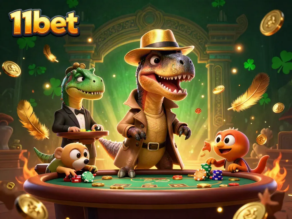 Experience the thrill of 11bet with a dynamic scene showcasing a velociraptor card counter at a blackjack table.