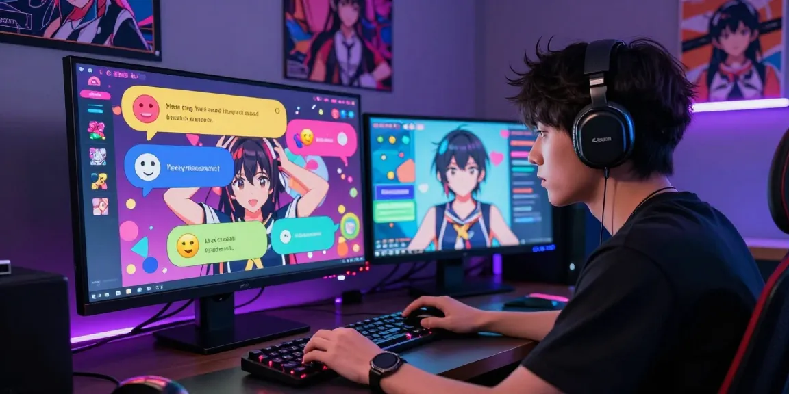 Engaging scene of a user chatting with a hentai chat AI character in a vibrant, interactive gaming setup.