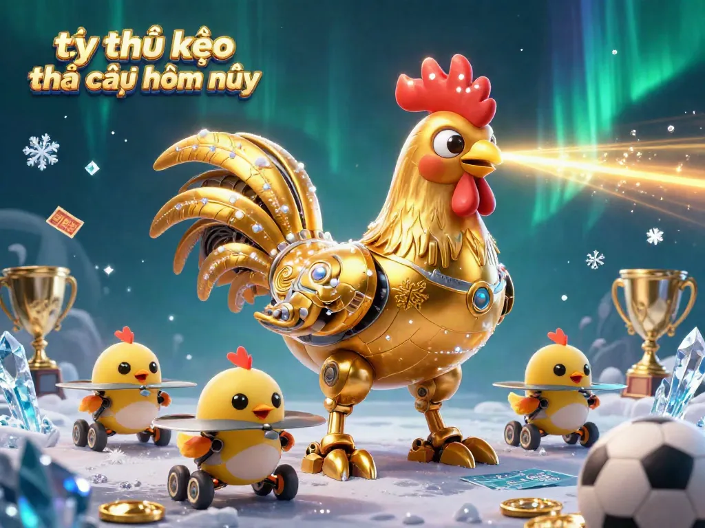 Engage with tỷ lệ kèo nhà cái hôm nay in an exciting sports betting digital scene featuring a golden rooster robot.