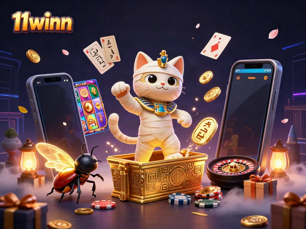 Experience thrilling gameplay at 11winn featuring a vibrant casino scene with a mummy cat and gaming elements.