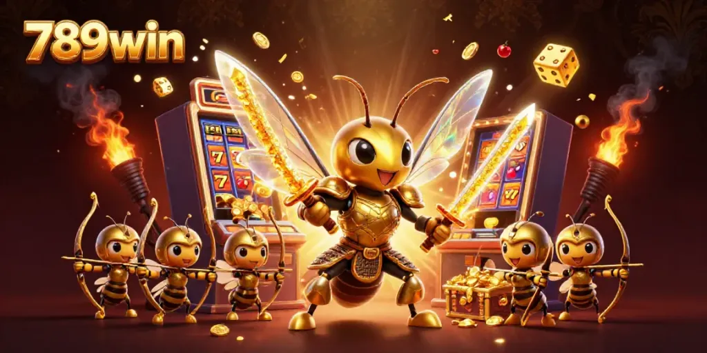 Experience vibrant jackpot action with 789win, featuring a golden hornet in samurai armor amidst dynamic casino elements.