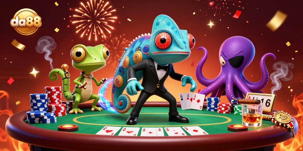 Engage in thrilling poker at da88 with a vibrant scene of a secret agent chameleon, gecko, and octopus amidst rich casino elements.