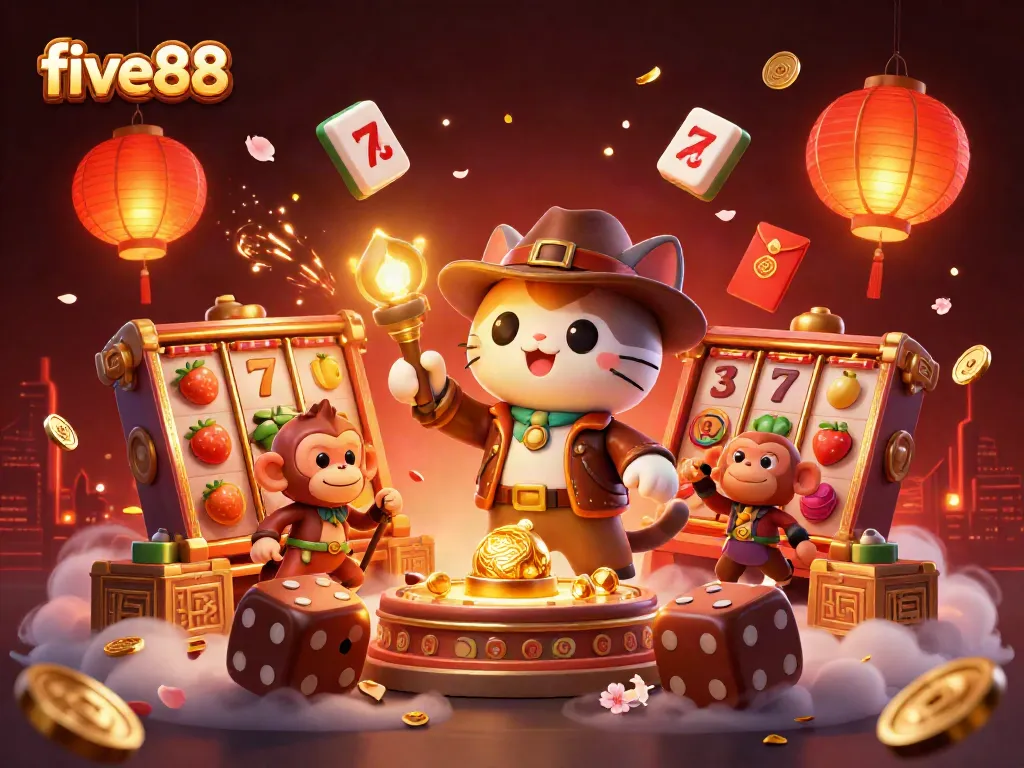 Experience fast-paced wins at five88 with an adventurous cat exploring glowing casino treasures!