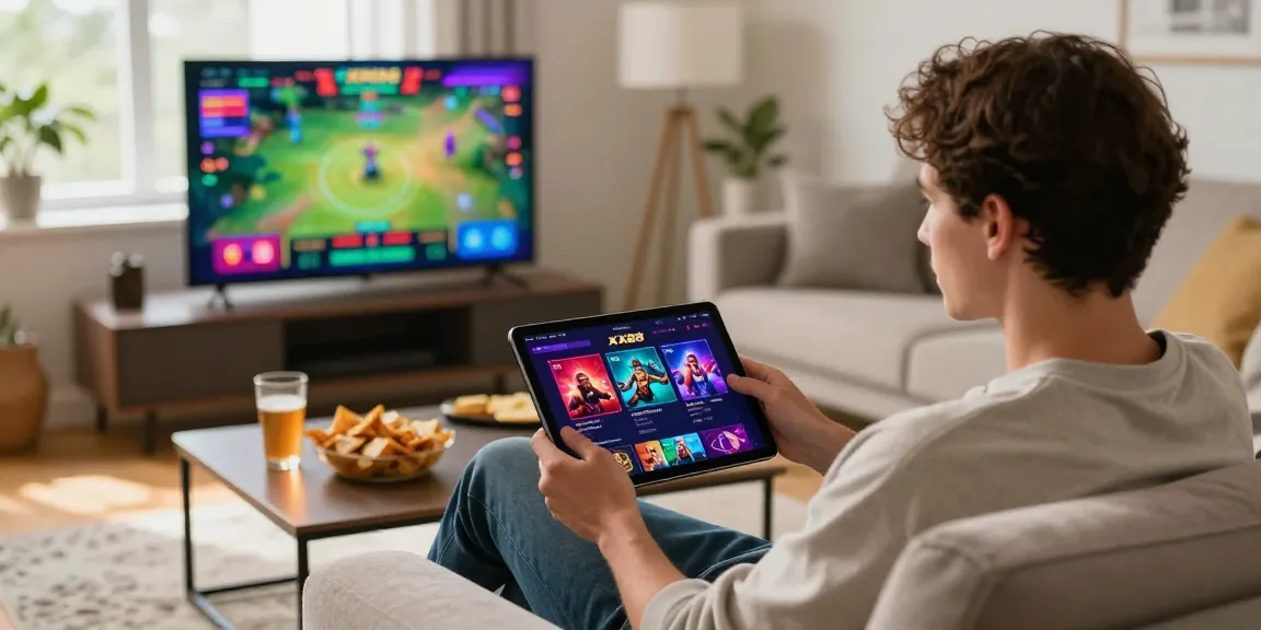 Engaging with the XX88 online betting platform in a modern home setting, showcasing vibrant game graphics and excitement.
