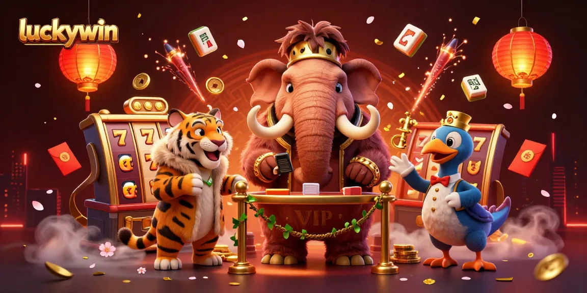 Experience the vibrant energy of luckywin with a lively casino scene featuring a woolly mammoth bouncer and festive decorations.