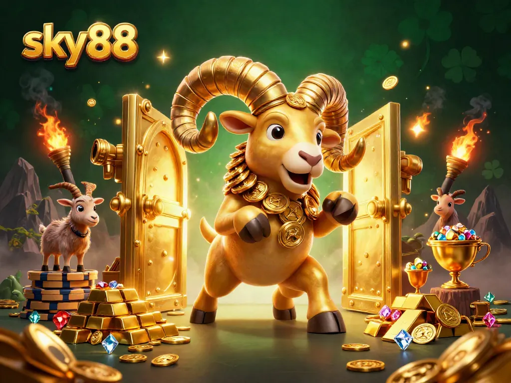Experience thrilling gameplay with sky88, featuring a massive golden ram charging through a treasure vault.