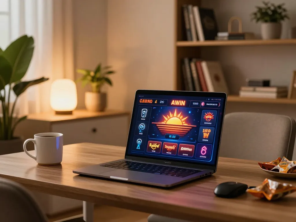 Experience sun win gaming at home, with laptop showcasing interactive casino games.