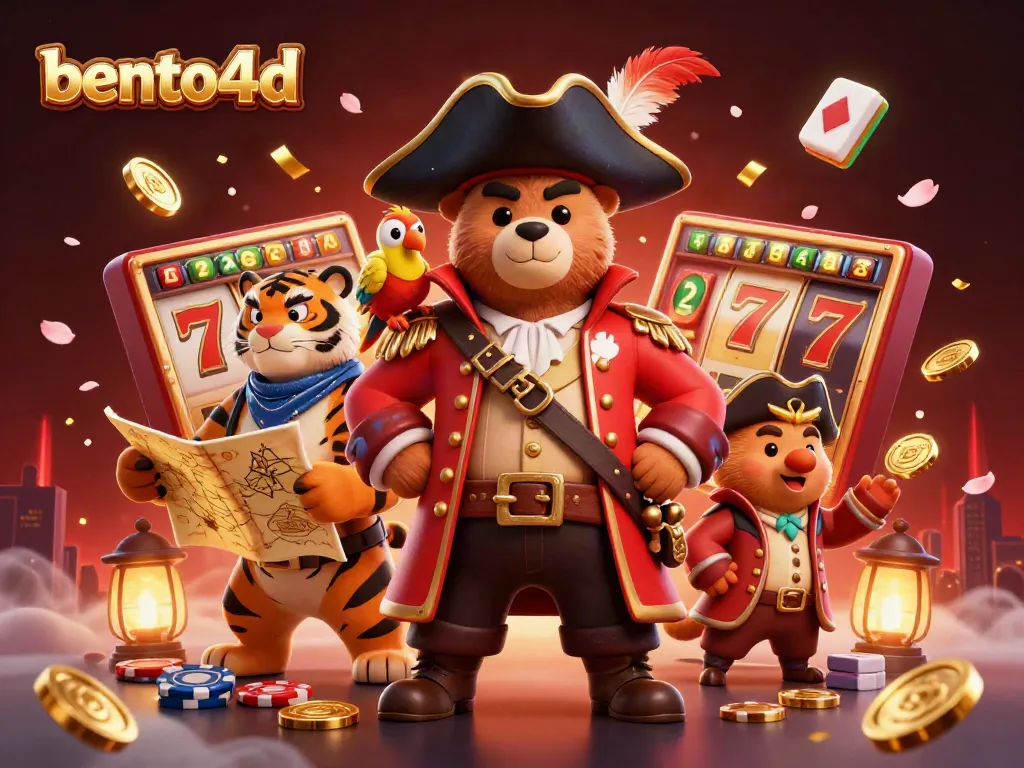 Bento4d casino illustration showcasing a pirate bear and tiger with slot reels and golden coins.