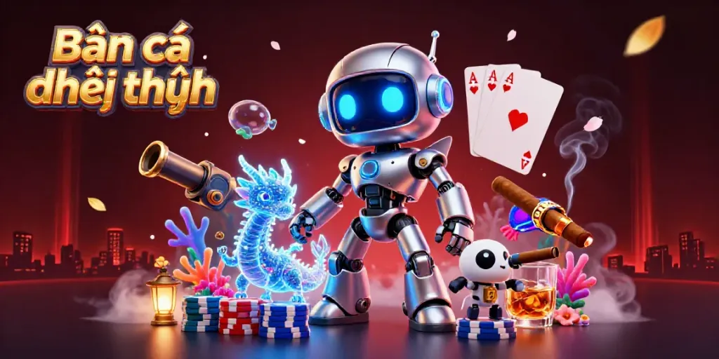Engaging scene showcasing Bắn cá đổi thưởng with vibrant characters, sea creatures, and casino elements, inviting gamers to immerse in fish shooting.