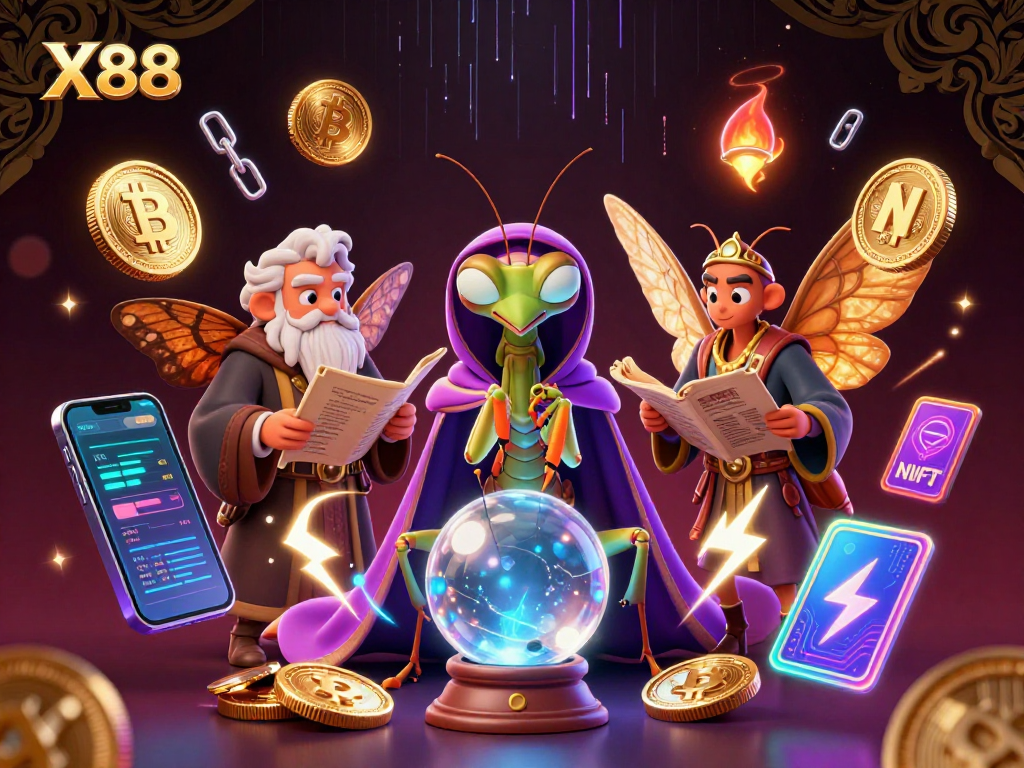 Experience the thrill of X88 with a mystical scene featuring fortune tellers and crypto elements.