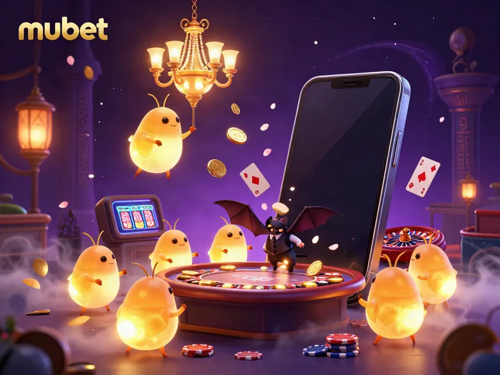 Experience thrilling gaming with mubet in a vibrant 3D casino, featuring glowworms and dynamic game elements.