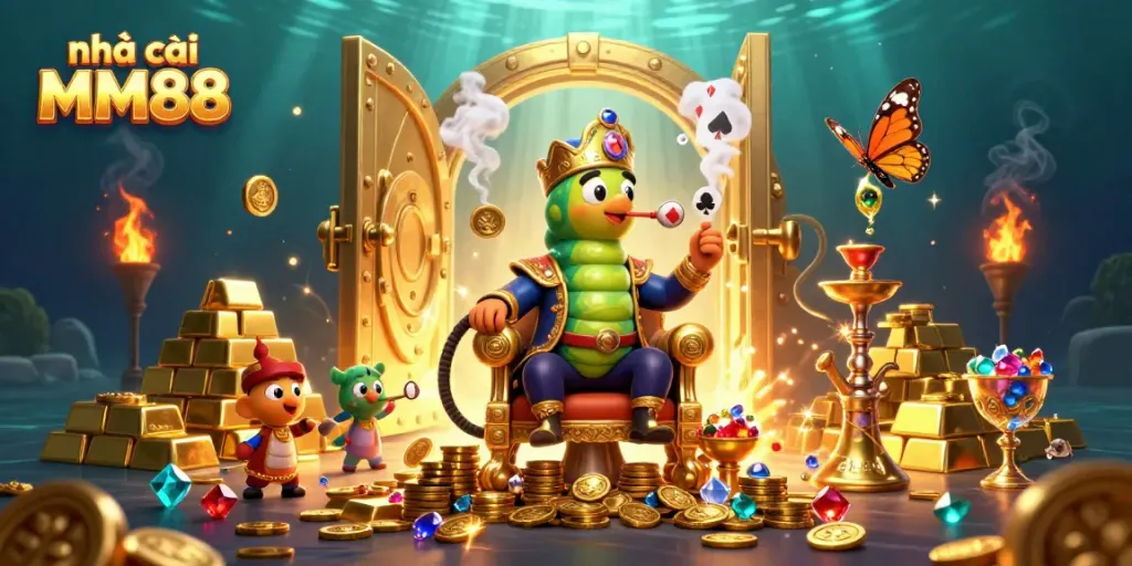 Experience excitement at nhà cái MM88 with a vibrant 3D casino illustration full of treasures and symbols.